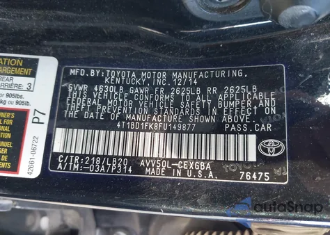 2015 Toyota Camry Hybrid Xle z USA, uszkodzony, nr VIN 4T1BD1FK8FU149877